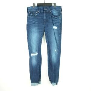 True Religion Jeans Womens SZ 33 Rocco Relaxed Skinny Fit Cuffed Hem Distressed